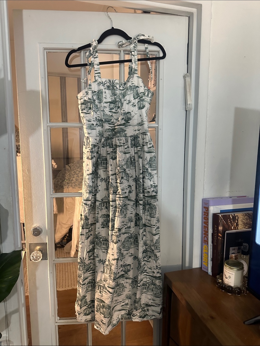 Rachel Zoe Green and White Toile Print Tie-Shoulder Sundress